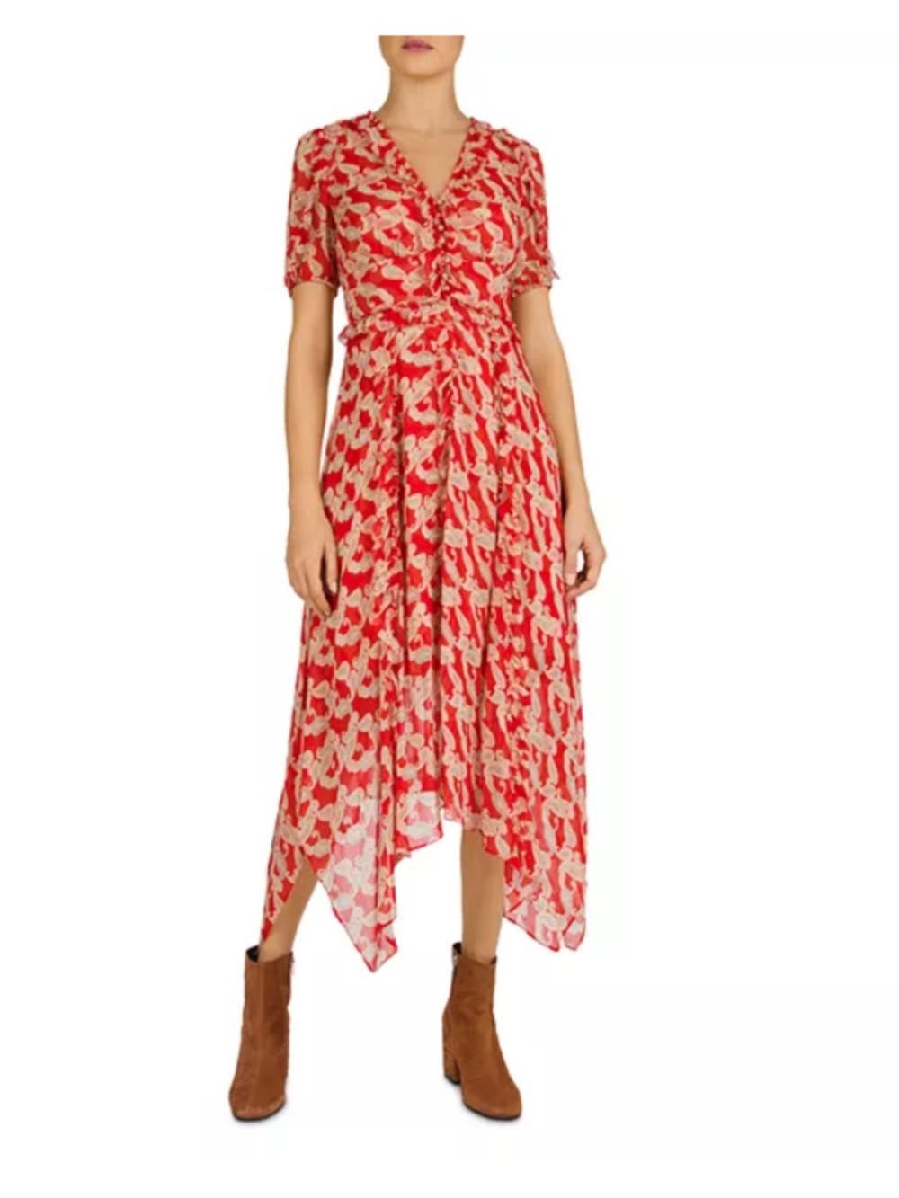 Kooples Red Paisley Volute Asymmetric Midi Dress Size 1 - Picture 7 of 10